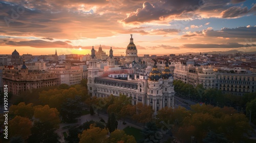 Visualize Madrid's historic cathedrals and churches, such as Almudena Cathedral, standing out amidst the cityscape in an aerial photograph