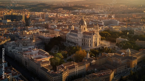 Visualize Madrid's historic cathedrals and churches, such as Almudena Cathedral, standing out amidst the cityscape in an aerial photograph