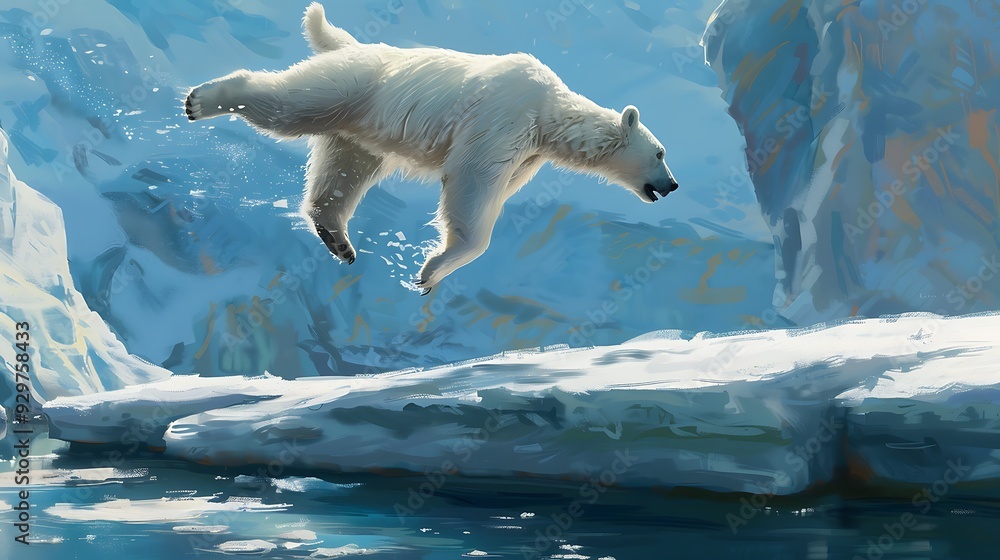 Fototapeta premium Polar bear leaping from a snow-covered ledge into the water.