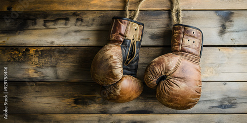 Vintage boxing gloves displayed on a wall photo