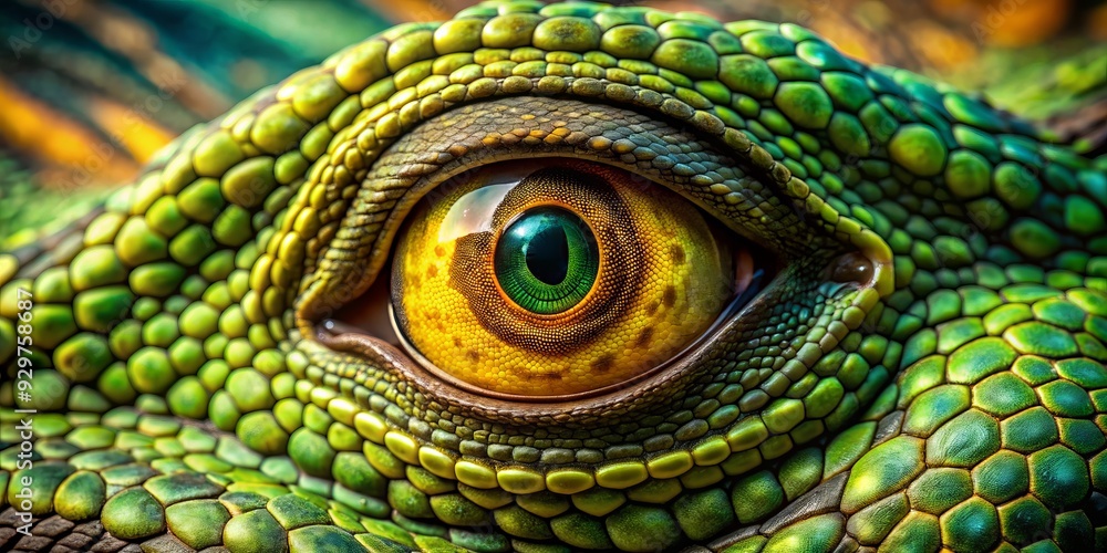 Obraz premium Vibrant green and yellow reptilian eye with intricate scales and golden flecks, staring intensely, its microscopic details revealed in mesmerizing extreme close-up.