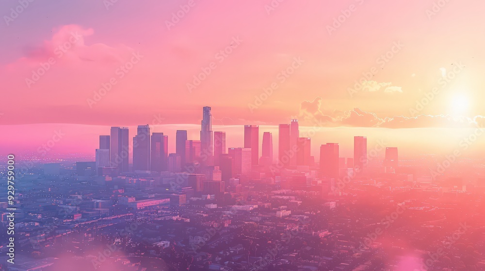 Visualize the Los Angeles skyline during a pastel-colored sunset, with soft hues blending seamlessly. Visualize the Los Angeles skyline during a pastel-colored sunset, with soft hues blending seamlessly.