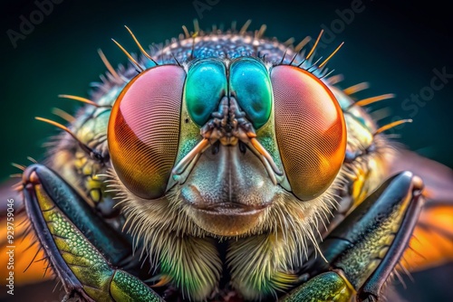 Vivid macro close-up of a common housefly's compound eyes, delicate wings, and hairy body, revealing intricate details of its tiny but fascinating anatomy.