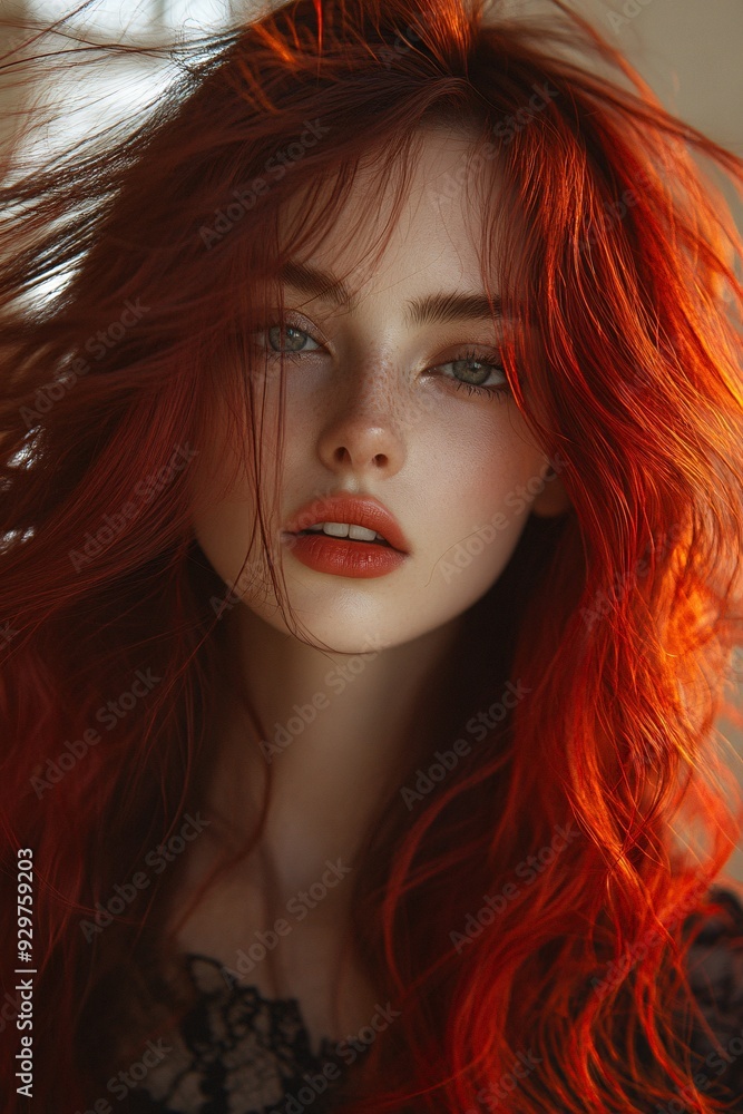 Fototapeta premium Dramatic Portrait of a Woman with Fiery Red Hair in the Wind