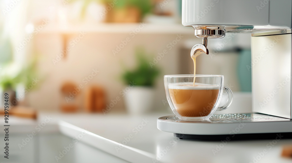 Modern coffee maker pouring fresh coffee mixed with milk into clear glass cups in a bright and simple kitchen. Modern coffee maker pouring fresh coffee mixed with milk into clear glass cups in a bright and simple kitchen.