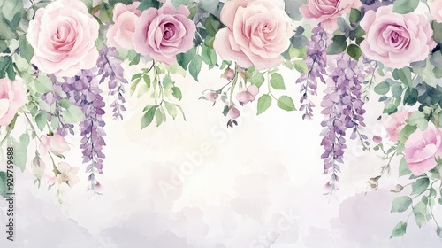 A beautiful watercolor floral background featuring pink roses and purple wisteria.