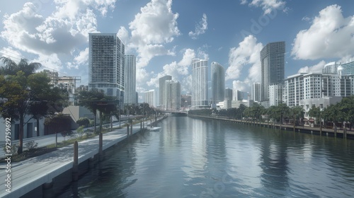 Visualize the Miami skyline with a focus on the bustling activity along the Miami River.