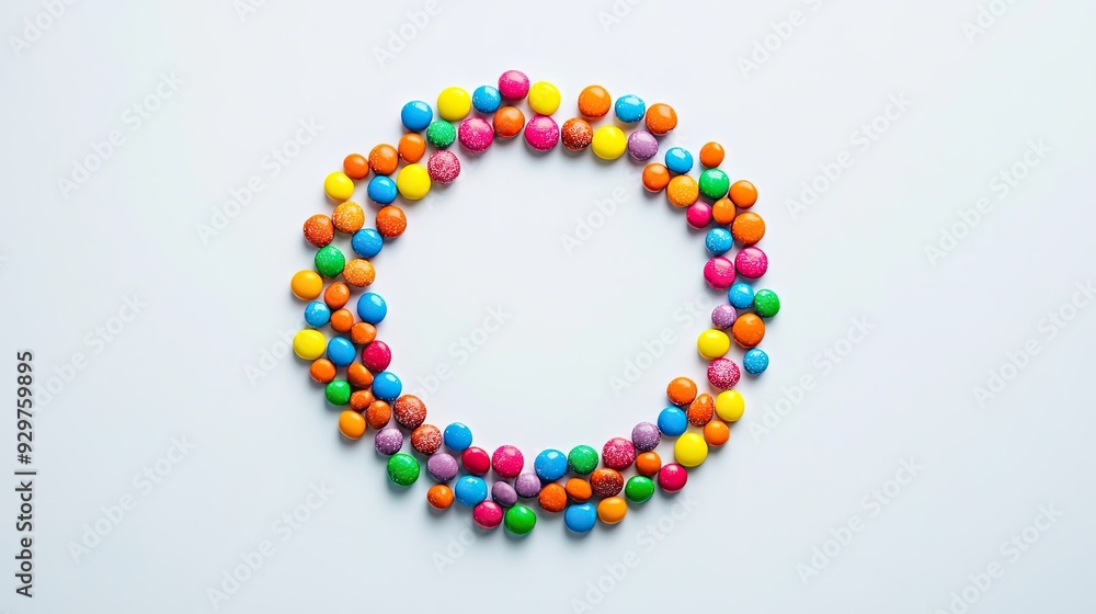 A creative circle graph made with colorful candies arranged on a white background A creative circle graph made with colorful candies arranged on a white background