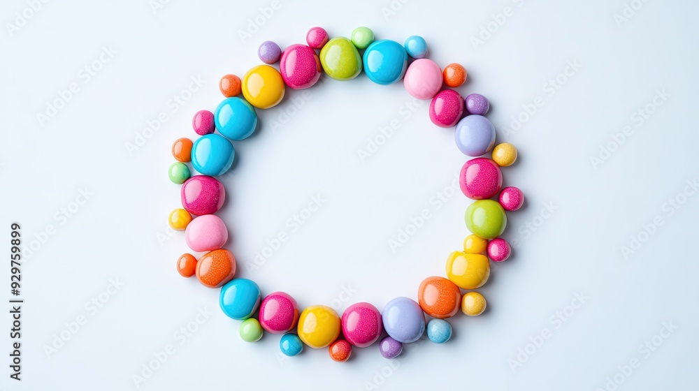 A creative circle graph made with colorful candies arranged on a white background A creative circle graph made with colorful candies arranged on a white background