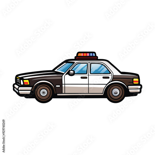 Cartoon illustration of a police car viewed from the side.