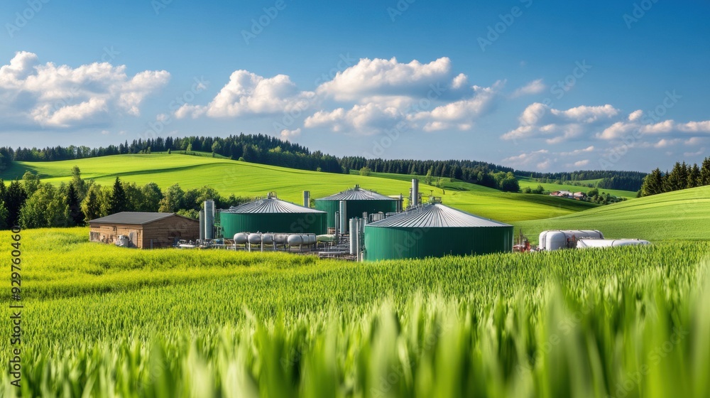 Methane Zone A rural landscape featuring methane gas production and biogas plants ...