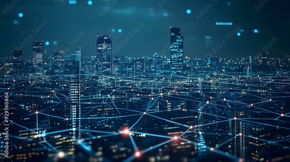 Big data connection technology. Cityscape telecommunication and communication network concept Big data connection technology. Cityscape telecommunication and communication network concept