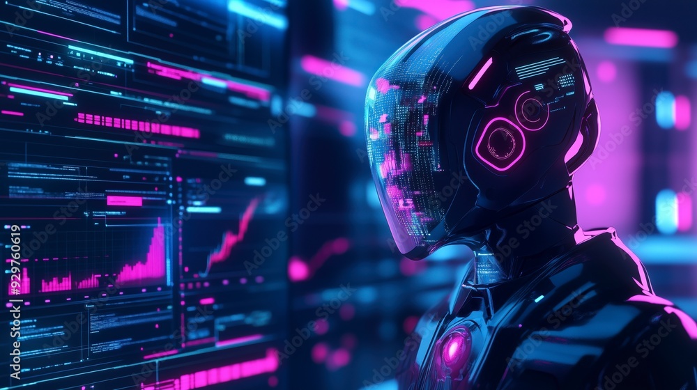 Futuristic robot with glowing features analyzing data on a digital screen. Futuristic robot with glowing features analyzing data on a digital screen.