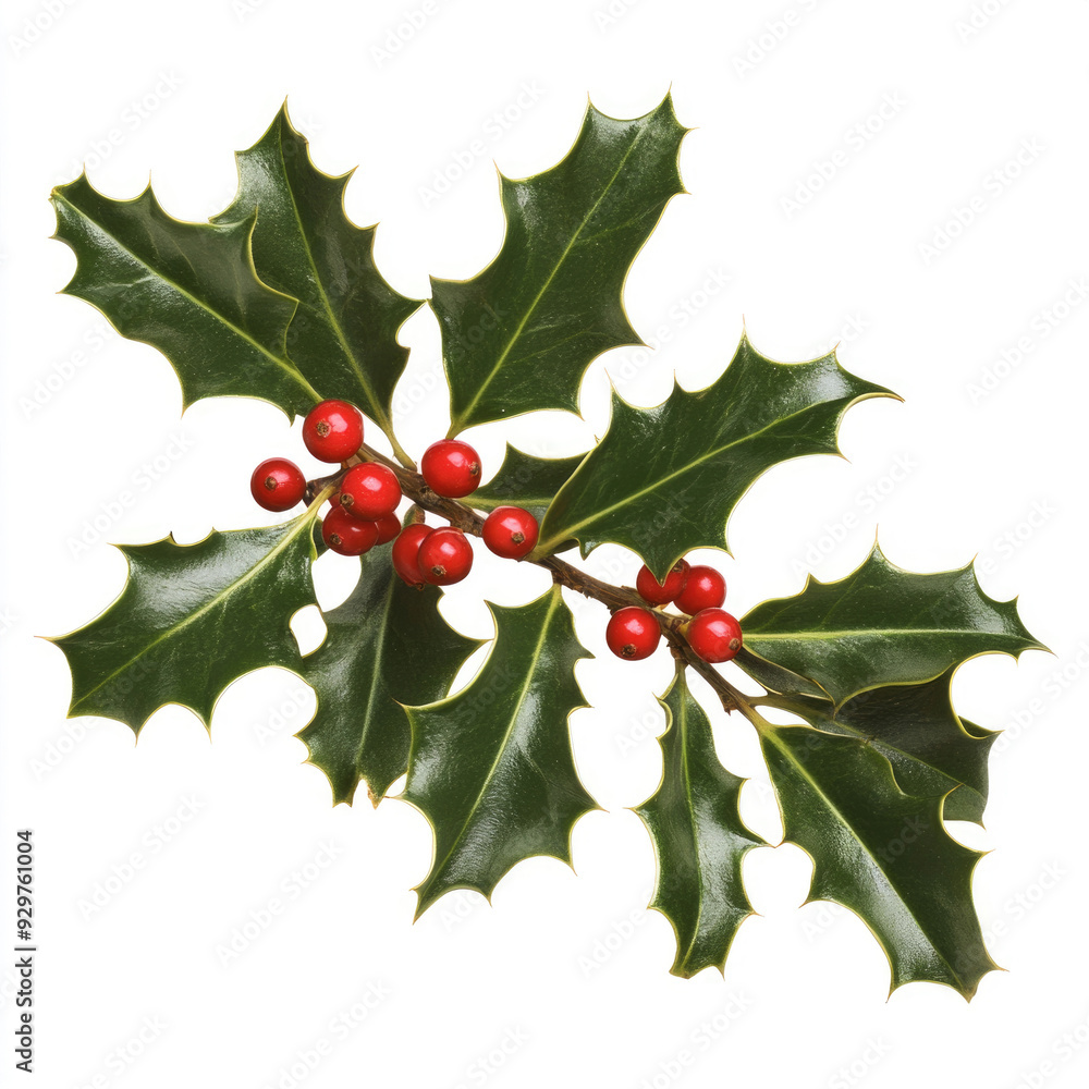 A sprig of European holly isolated on a white background. A sprig of European holly isolated on a white background.