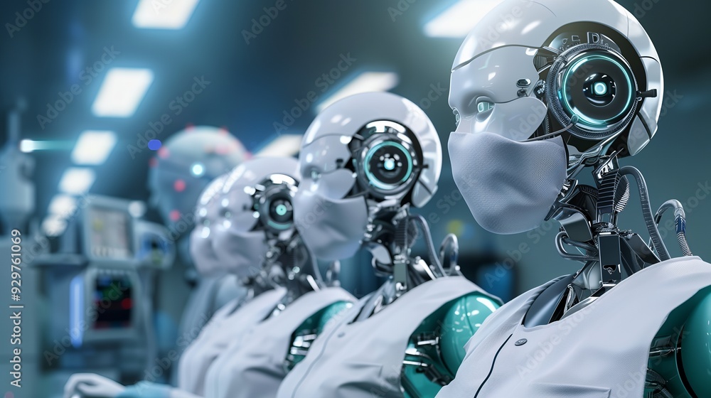 Fototapeta premium Futuristic robots in a medical setting, showcasing advanced technology and healthcare.