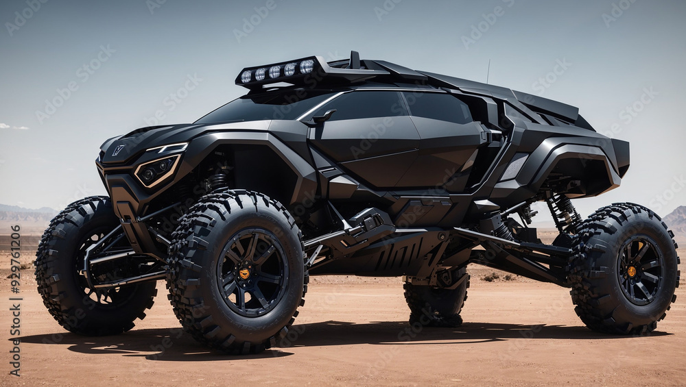 black off-road vehicle with large tires and a futuristic design. black off-road vehicle with large tires and a futuristic design.