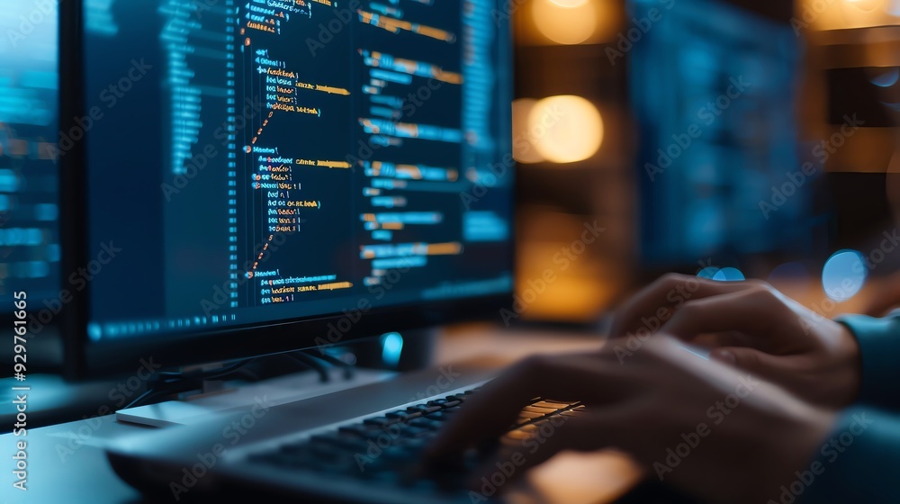 Focused developer coding on laptop with glowing screen, showcasing programming and technology in a modern workspace. Focused developer coding on laptop with glowing screen, showcasing programming and technology in a modern workspace.