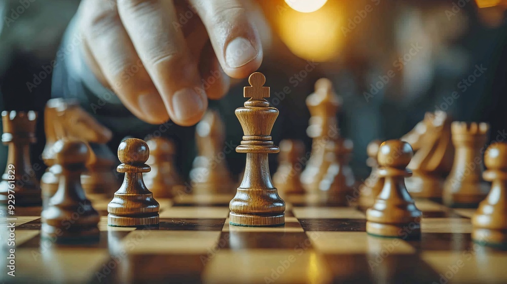 Strategic Chess Move Closeup with Wooden Pieces on Board Strategic Chess Move Closeup with Wooden Pieces on Board