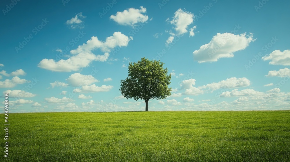 A peaceful green meadow with a single tree under a blue sky A peaceful green meadow with a single tree under a blue sky