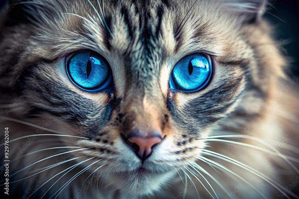 Vibrant blue eye of a feline gazing intensely, mesmerizing whiskers and soft fur surrounding it, with a shallow focus and natural lighting effect. Vibrant blue eye of a feline gazing intensely, mesmerizing whiskers and soft fur surrounding it, with a shallow focus and natural lighting effect.