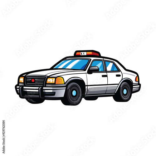 A cartoon-style illustration of a white police car seen from the side, with a red and yellow light bar on top.