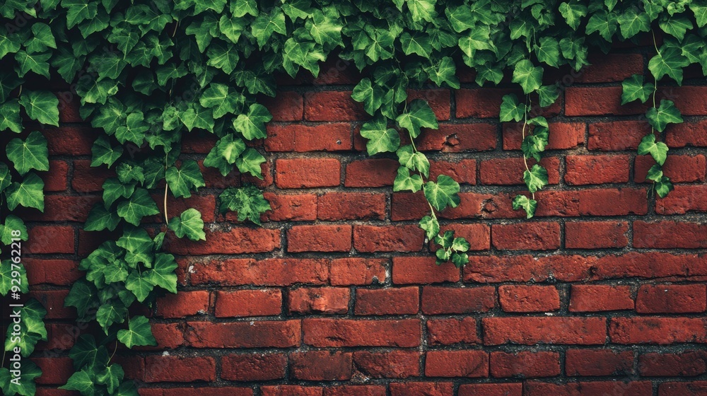 A red brick wall with ivy creeping up, adding a touch of green to the scene A red brick wall with ivy creeping up, adding a touch of green to the scene