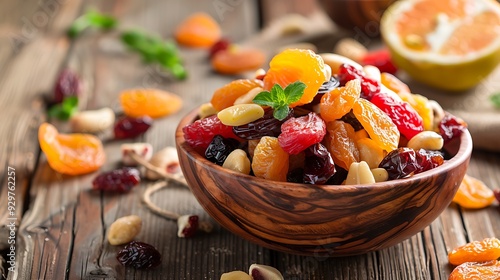 A wooden serving dish of naturally produced nutritious variety dried fruit photo