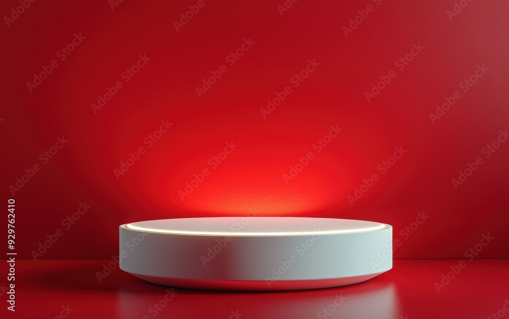 A minimalistic white display pedestal against a vibrant red backdrop, perfect for showcasing products or art. A minimalistic white display pedestal against a vibrant red backdrop, perfect for showcasing products or art.