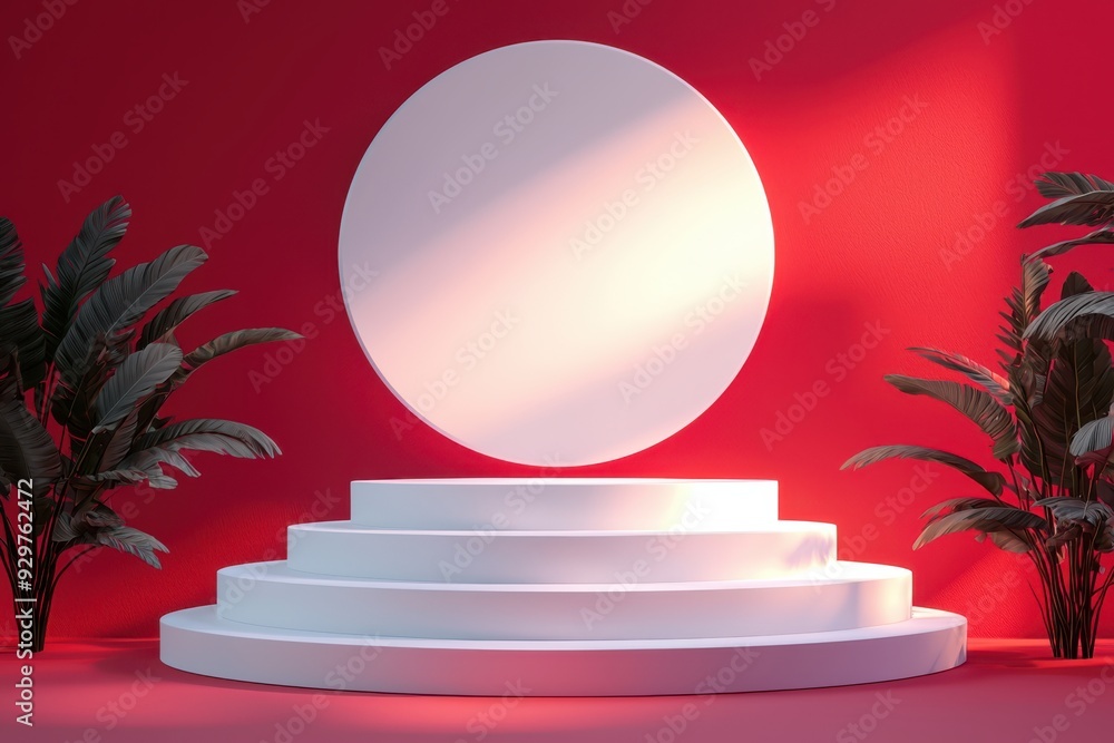 A modern display setup featuring a circular podium against a bold red backdrop, accented with lush green plants. A modern display setup featuring a circular podium against a bold red backdrop, accented with lush green plants.