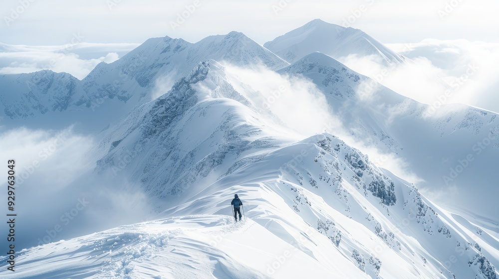 Obraz premium Lone hiker on snowy mountain ridge, epic winter mountain landscape, snowy peak, clouds, scenic view.