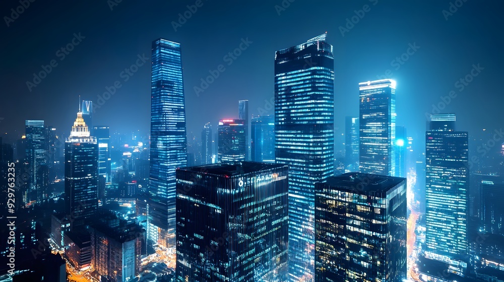 Fototapeta premium Nighttime view of a technologically advanced city with sleek, illuminated skyscrapers. Premium background for the latest technology needs