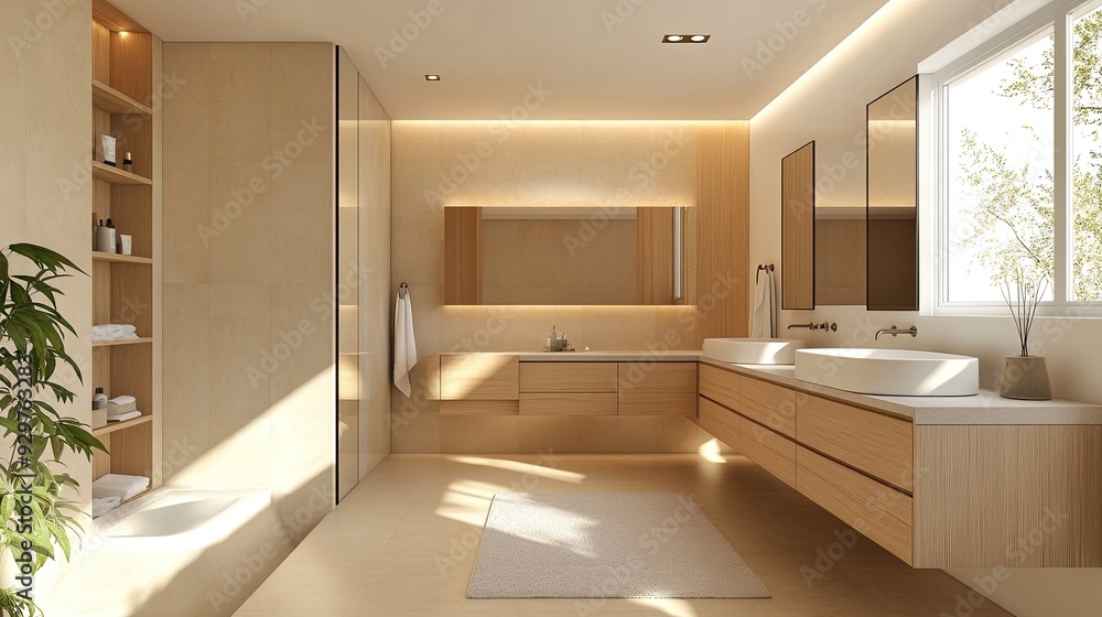 A spacious bathroom with a double sink vanity, modern fixtures, and ample storage A spacious bathroom with a double sink vanity, modern fixtures, and ample storage