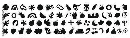 Set of silhouettes minimalistic bizarre abstract geometric unusual shapes and forms in matisse art style, Hand drawn monochrome primitive, Big vector doodle objects and graphic elements, fruits
