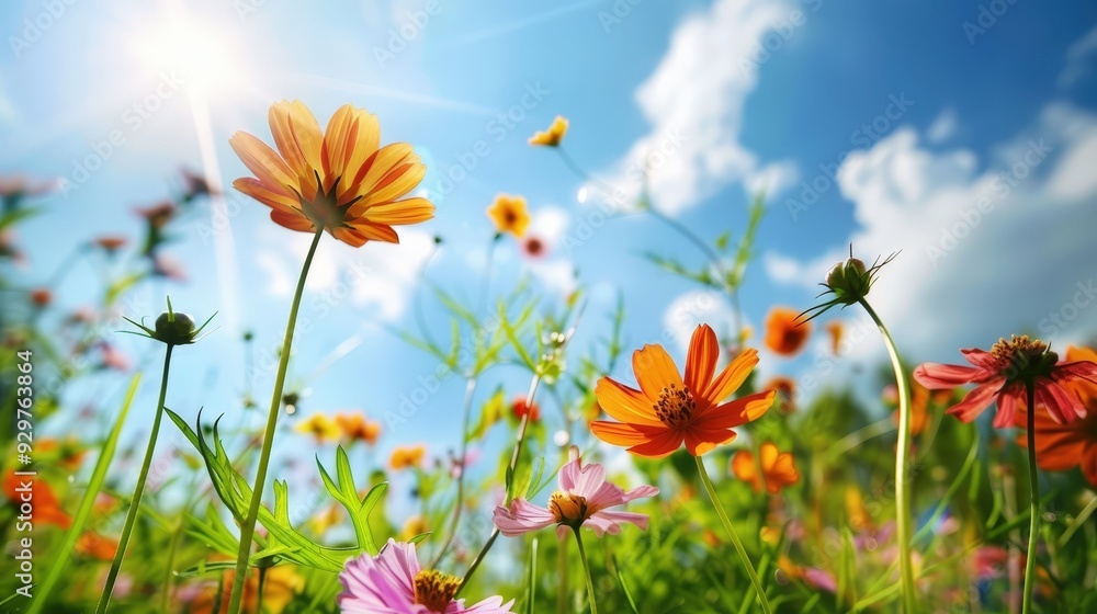 Depict a field of wild flowers under a clear blue sky, with the sun casting a warm, golden light on the vibrant petals and surrounding greenery Depict a field of wild flowers under a clear blue sky, with the sun casting a warm, golden light on the vibrant petals and surrounding greenery