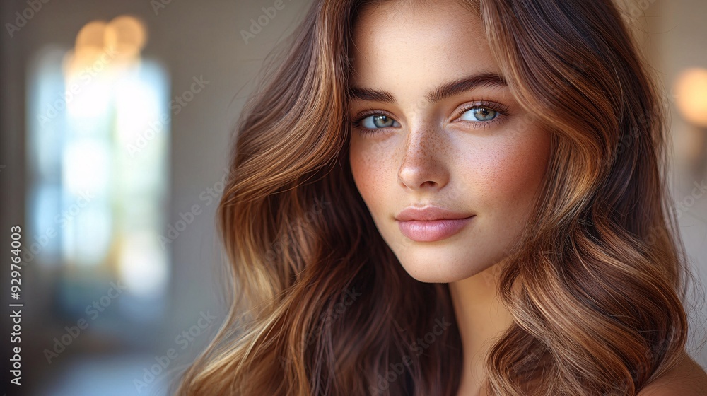 Elegant Portrait of a Woman with Soft Wavy Hair and Subtle Highlights Elegant Portrait of a Woman with Soft Wavy Hair and Subtle Highlights