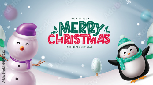Christmas greeting vector banner design. Merry christmas greeting text with pine tree element, cute snowman and happy penguin characters in cold snowy outdoor background. Vector illustration seasonal 