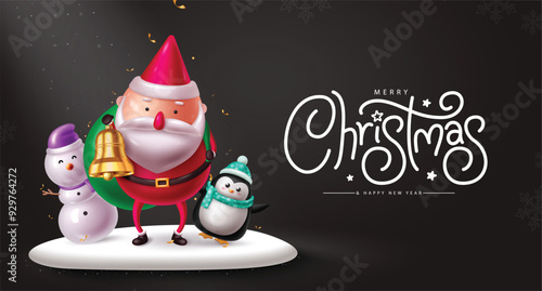 Merry christmas greeting vector background design. Christmas greeting text with santa claus, snowman and penguin characters standing in podium ice new year eve black background. Vector illustration 