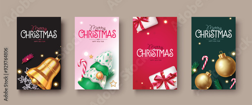 Merry christmas greeting card vector set design. Christmas greeting text in colorful bokeh background with ornaments and elements like bell, xmas tree, gift box, gold balls for gift tags collection. 