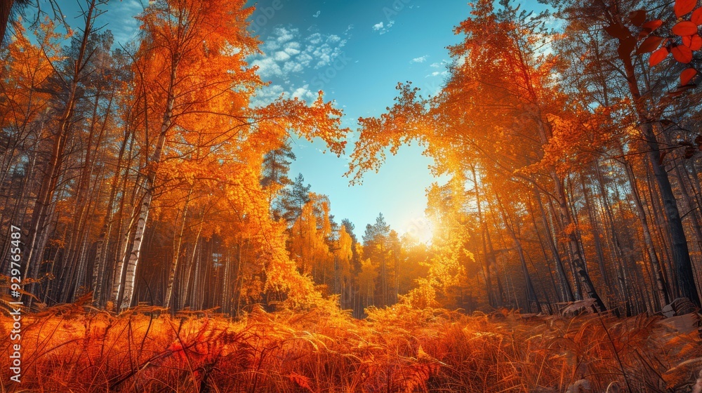 Fototapeta premium Autumn Heart shape bright maple autumn tree garden,Yellow and red maple leaves,valentine day concept frame for background,A maple tree with red leaves in a shape of the heart,Autumn landscape. Love.