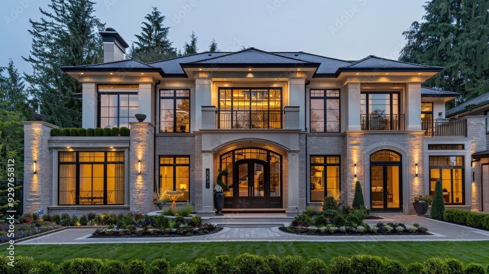 Depict a luxury home exterior with a classic, elegant facade, large windows, and a well-designed front yard with beautiful landscaping Depict a luxury home exterior with a classic, elegant facade, large windows, and a well-designed front yard with beautiful landscaping