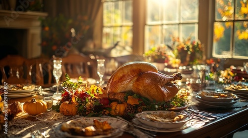 Sunlit Thanksgiving Feast with Roasted Turkey and Autumn Decorations