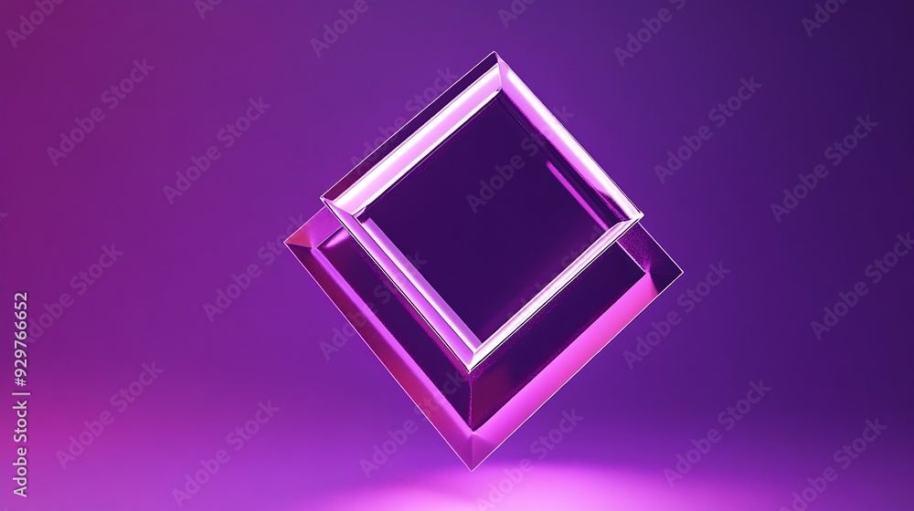 Purple diamond shaped glass frame with neon light on a purple background. Purple diamond shaped glass frame with neon light on a purple background.