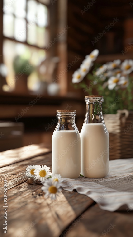 Two glass bottles of fresh milk on a wooden table with flowers and sunlight streaming in through a window, creating a cozy, rustic atmosphere. Two glass bottles of fresh milk on a wooden table with flowers and sunlight streaming in through a window, creating a cozy, rustic atmosphere.