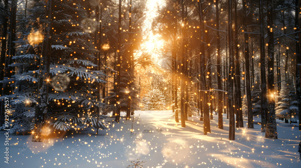 A magical winter forest scene with tall trees covered in snow, golden sunlight streaming through the branches, and snowflakes falling gracefully A magical winter forest scene with tall trees covered in snow, golden sunlight streaming through the branches, and snowflakes falling gracefully