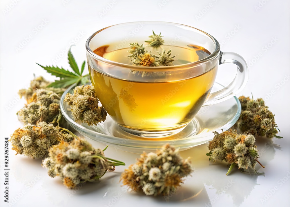 Cannabidiol-rich hemp tea flowers with delicate pedals and sticky trichomes are beautifully showcased against a pure white background, highlighting their natural beauty and therapeutic potential.