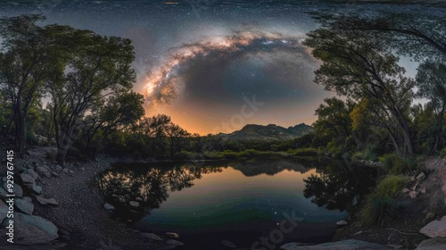Milky Way Arcing Over a Still Lake and Mountains at Night