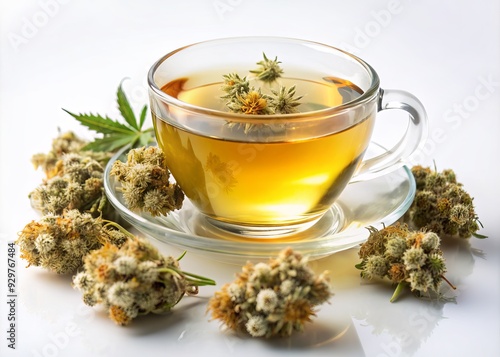 Cannabidiol-rich hemp tea flowers with delicate pedals and sticky trichomes are beautifully showcased against a pure white background, highlighting their natural beauty and therapeutic potential.