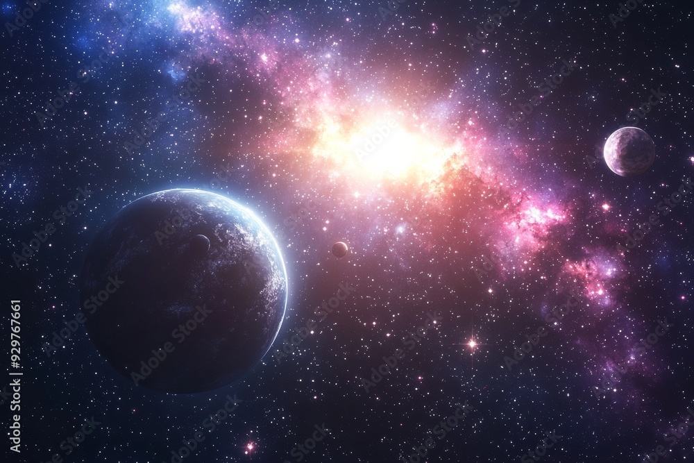 Obraz premium Space cosmic illustration with planets scene created with Generative AI