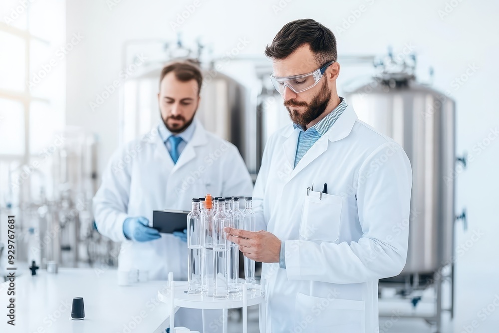 Two scientists examine test tubes in a modern laboratory, showcasing teamwork and precision in research and analysis. Two scientists examine test tubes in a modern laboratory, showcasing teamwork and precision in research and analysis.