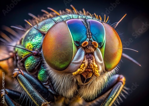 Vivid macro shot of a fly's head, revealing intricate compound eyes, delicate hairy antennae, and shimmering metallic exoskeleton with remarkable textures and details.